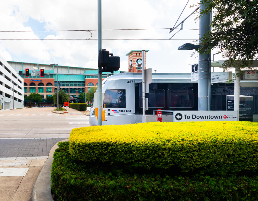 METRORail vehicle traveling in front of Daikin Park.